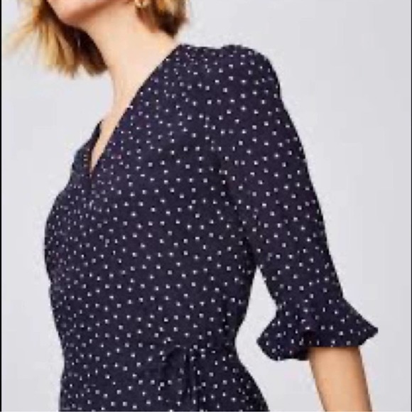 LOFT Polka Dot Wrap Ruffled V-Neck Romper in Navy & White Size 6 Skort Dress - Picture 4 of 16